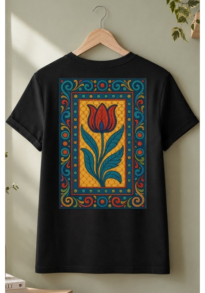 Spoyi Osmanlı Lalesi Tasarımlı %100 Pamuk Yarım Oversize Siyah T-shirt