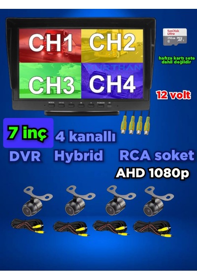 4 Adet Ahd 1080p Kelebek Kameralı 256 Gb 7 İnç Hybrid Dvr Monitör 12 Volt