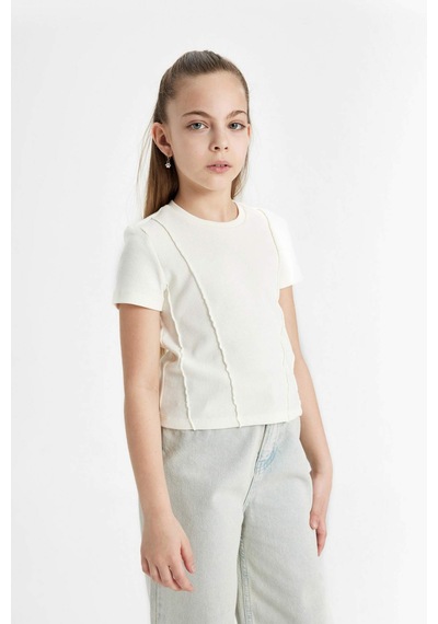 Defacto Kız Çocuk Slim Fit Bisiklet Yaka Ribana Kısa Kollu Tişört C0104A824SMER136 Ekru