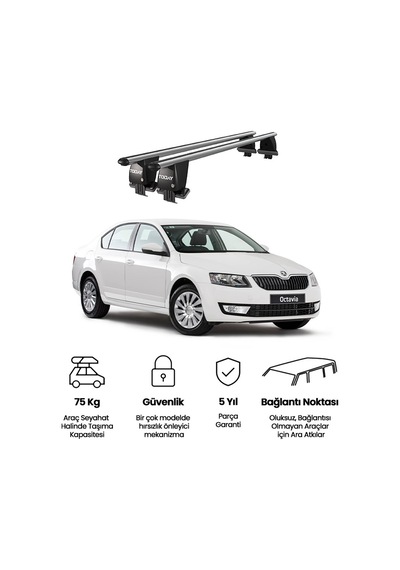 Royal Skoda Octavia Iıı 2013 Ve Sonrası Uyumlu Gri Kilitli Ara Atkı Port Bagaj Tavan Barı