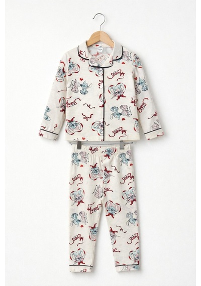 Beka Kids Ekru Desenli Uzun Kollu Önden Düğmeli Gömlek Yaka Kız Çocuk Pijama Takımı Ve Göz Bandı