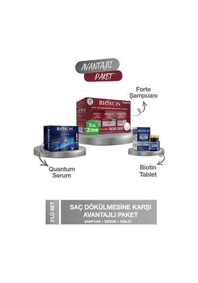 Bioxcin Forte Saç Dökülmesine Karşı Şampuan + Quantum Serum + Biotin Tablet