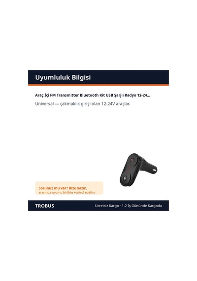 Trobus Araç İçi Fm Transmitter Bluetooth Kit Usb Şarjlı Radyo 12-24v