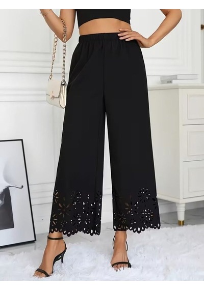 Efnaz Style Kadın Yüksel Bel Beli Lastıklı Çiçek Desenli Lazer Kesım Detaylı Ithal Krep Pantolon siyah