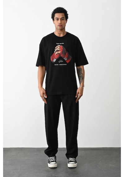 Barlashive Erkek Boxy Eldiven Baskılı T-shirt Kısa Kol Bisiklet Yaka Tişört - Siyah Çok Renkli