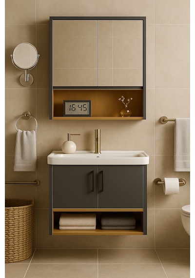Legna 80 Cm Antrasit&ahşap Banyo Dolabı Takımı Alt Ve Üst Dolap
