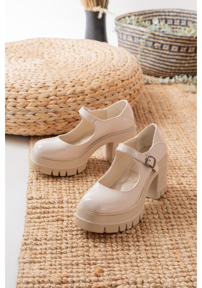 Asmi Shoes Tek Baletli Neon 8 Cm Topuklu Platformlu Loafer Ayakkabı Krem Rugan Krem