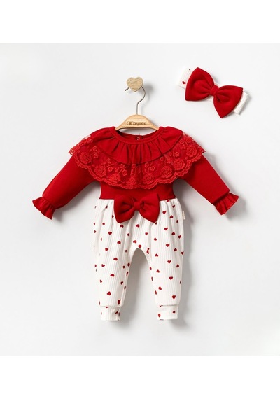 Bellamio Kids Helena Bandanalı Dantel Yakalı Kız Bebek Tulumu Kırmızı