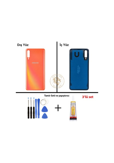 Samsung Galaxy A50 Mercan Renk Arka Kapak + Tamir Seti + B7000 Yapıştırıcı Arka Cam Batarya Kapağı Pil Kapağı Lazer Kesim Back Cover Galaxy A50 Uyumlu