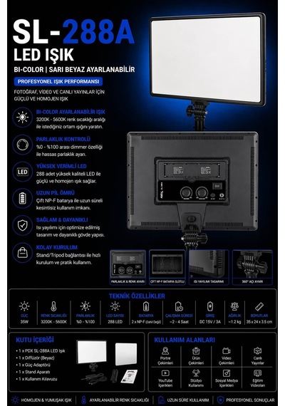 Pdx Sl-288a Led Işık Bi-color Sarı Beyaz Ayarlanabilir