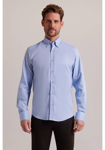 Erkek Mavi Slim Fit Uzun Kol Desenli Gömlek