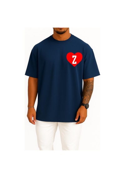 Bahriyeli Collection Oversize Kalp İçinde Z Harfi Cep Tasarımlı Unisex T-shirt Lacivert