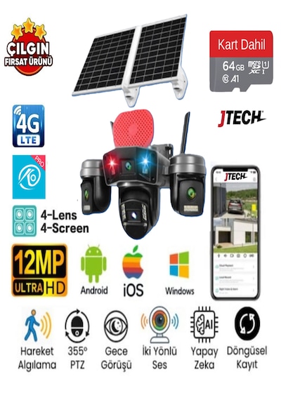 O-kam Ok-336 Premium 4g 12mp Sim Kartlı Solar Panelli Çakarlı 4 Lens 1 Ptz Akıllı Kamera + 64gb Sd Kart Dahil