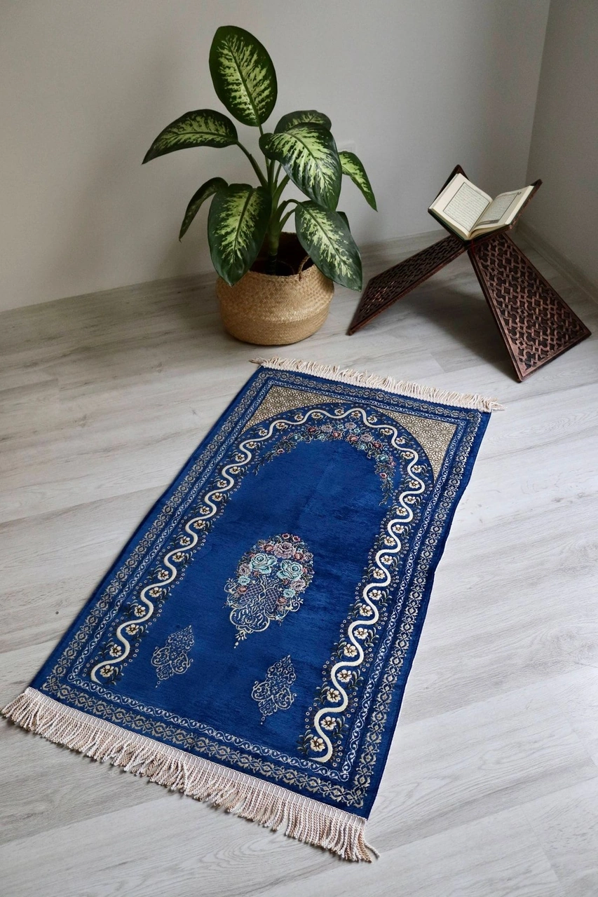 Çeyizlik Astarlı Lüks Seccade Hediyelik S1019 Siyah Mavi