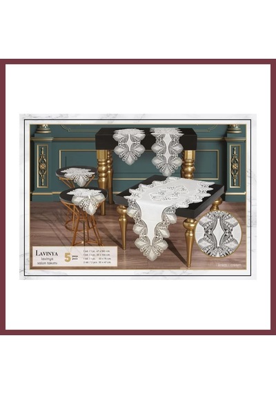 Storeşahin Salon Takımı Çeyizlik Lavinya Model Krem-krem 5 Parça Keten Dantelli Runner Seti Shn0720 Krem - Krem