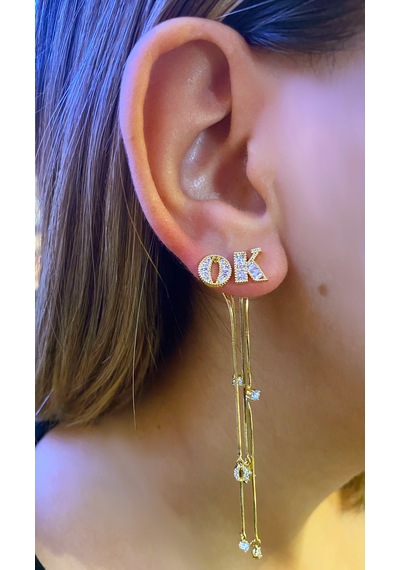 Kadın 'ok' Yazılı Sallantılı Çelik Küpe Gold
