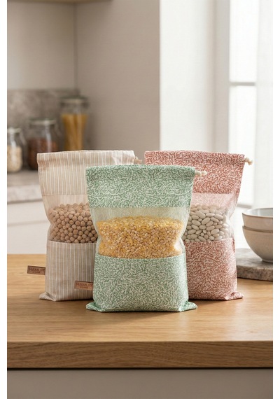 3 Adet Bakliyat Kesesi Orta Boy 20x28 Erzak Kuru Gıda Saklama Kabı Torbası Fileli Bez Soft-Set 101