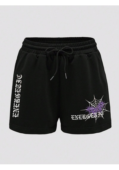 Coolane Letter Graphic Drawstring Waist Şort Siyah