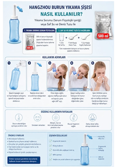 Hangzhou Burun Yıkama Şişesi 300ml Neti Pot Burun Kanalları Durulama Seti + Osel Burun Yıkama Sıvısı 500ml