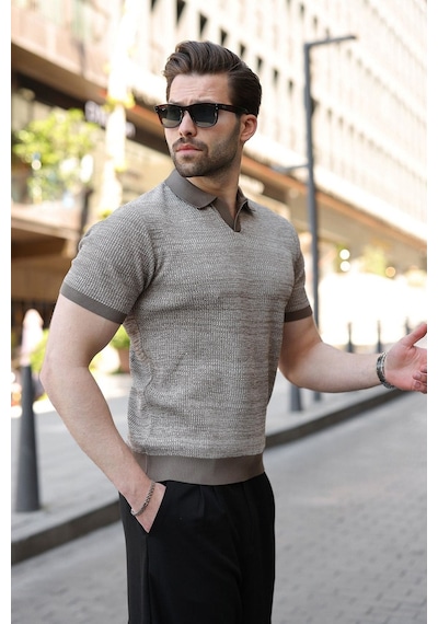 Madmext Açık Kahverengi Polo Yaka Regular Fit Erkek Triko Tişört E7496