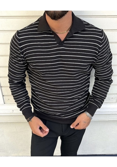 Siyah Erkek Slim Fit Polo Yaka Patlı Triko Kazak-trz19132r04s Siyah