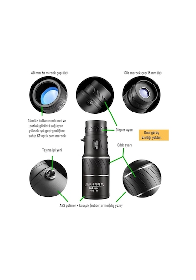 Upway 16x52 Monoküler Dürbün - Hd K9 Optik Cam Lens - 10x Yakınlaştırma Siyah