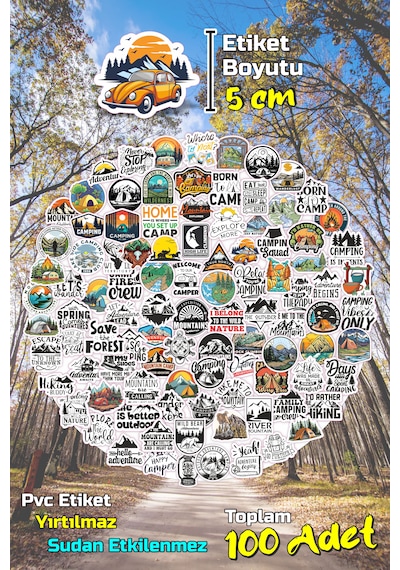 Kamp Temalı Camping Outdoor Adventure Sticker Seti Model-2 5cm - 100 Adet 5cm