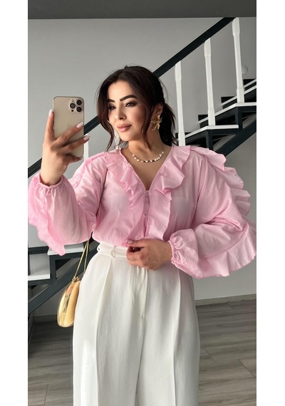 Orijinal Marka Pembe Fırfırlı Gömlek Pembe