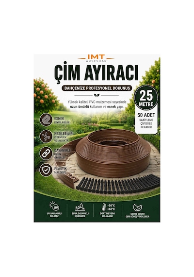 Esnek Pvc Çim Ayırıcı Bahçe Peysaj Düzenleyici 25 Metre Kahverengi Çim Sınırlayıcı Esnek Plastik Taş Toprak Ayraç Bariyer Peyzaj Bordürü