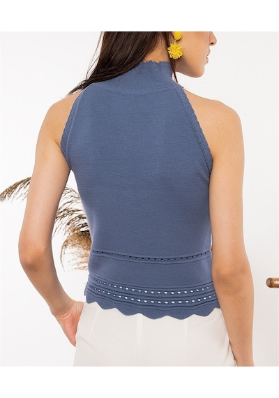 Aqe Fashion Kadın Halter Yaka Dantel Detaylı Bluz İndigo-İndigo