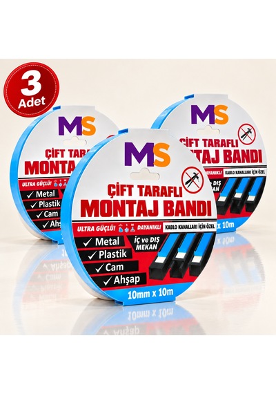 3 Adet Ultra Güçlü 10 Mm X 10 Mt Çift Taraflı Köpük Montaj Bandı Metal Plastik Cam Bantı Bantları