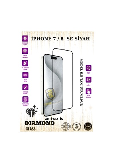 İphone 7/8/se Siyah Anti-static Esd 9h Diamond Glass Ekran Koruyucu Temperli Cam