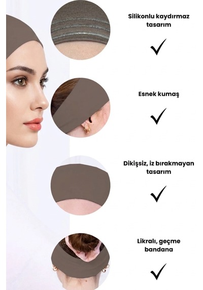 Alivascarf Kaymayan Silikonlu Bandana Bone Siyah - Kadın Tesettür Dikişsiz Kaymaz Geçme - Sportif Saç Bandı Sütlü Kahverengi