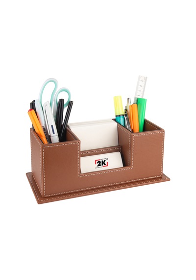 Masaüstü Deri Organizer Kalemlik 4 Gözlü Desktop Organizer Rainbow Vegan 10x12x25 Cm. Taba