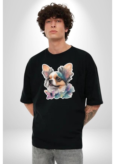 Chihuahua Köpek Pamuklu Bisiklet Yaka Unisex Oversize Boyfriend Dijital Baskılı Siyah T-shirt Siyah