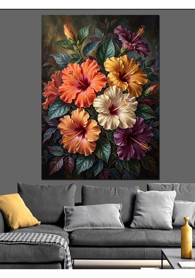 Tropikal Hibiskus Çiçek Buketi Dekoratif Kanvas - Mdf Ahşap Tablo