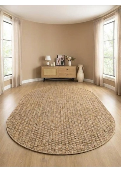 Sisal Jut Hasır OVAL Model Tek Renk Dokuma Yıkanabilir Toz Vermez Halı Krem Bej