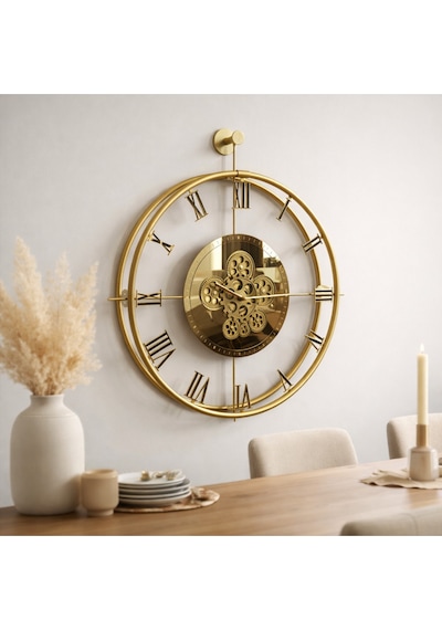 Metaquartz Aksesuar Dönence Gold Roma Rakamlı , Modern Dekoratif Metal Duvar Saati Gold