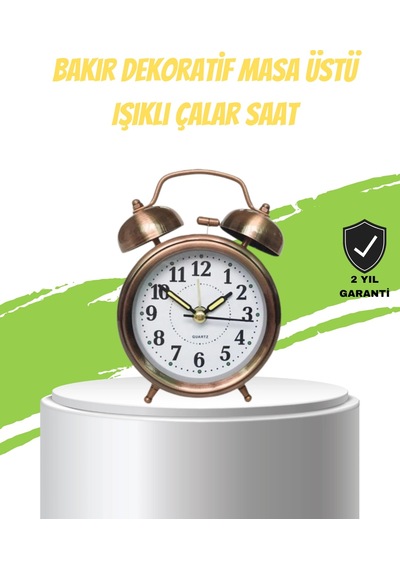 Nostaljik Bronz Metal Alarmlı Masa Saati Büyük Boy Dekoratif Ve Şık Tasarım Sarı