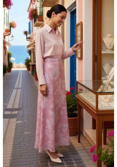 Benerly Kadın Çiçekli Desenli A-line Maxi Etek Astarlı Şifon Dokuma Rahat Açık Pembe