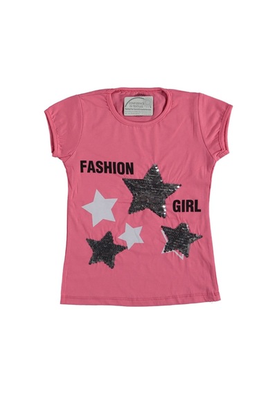 Liay Moda Yıldız Pul İşlemeli Kız Çocuk Tişört Pembe