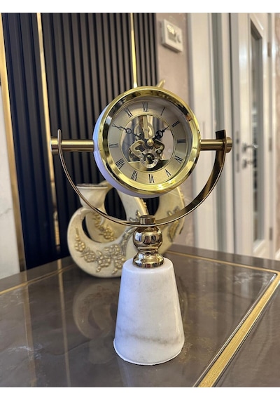Lüks Gold İskelet Mekanizmalı Mermer Tabanlı Dekoratif Masa Saati Altın