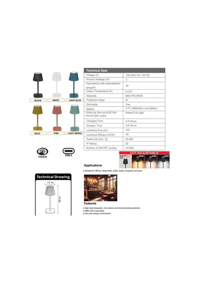 Merida Şarjlı Led Masa Lambası 3 Renk 3000k-4500k-6000k Dimmer Ayarlı Dokunmatik Kablosuz Type-c Şarjlı Çok Renkli