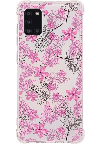 Samsung Galaxy A31 Uyumlu Köşe Korumalı Antişok Kapak Floral Pembe Tasarımlı Şeffaf Kılıf