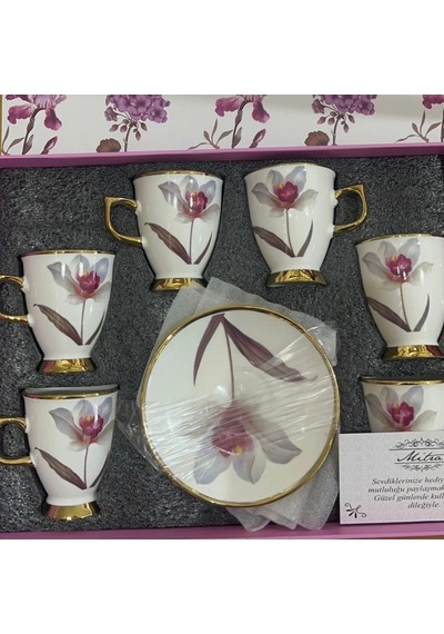 Pembe Çiçek Desenli Altın Detaylı Kutulu Fincan Takımı 6 Lı Beyaz