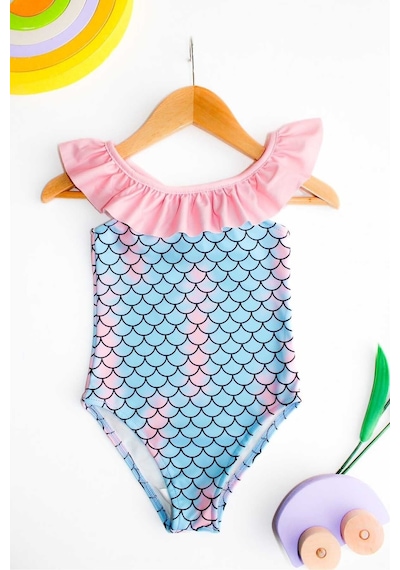 My Kids Wear Çapraz Fırfır Askılı Kız Çocuk Mayo Mint Yeşili - Pembe