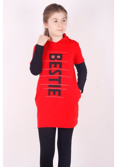 Toontoy Kız Çocuk Bestie Baskılı Kapşonlu Elbise Kırmızı