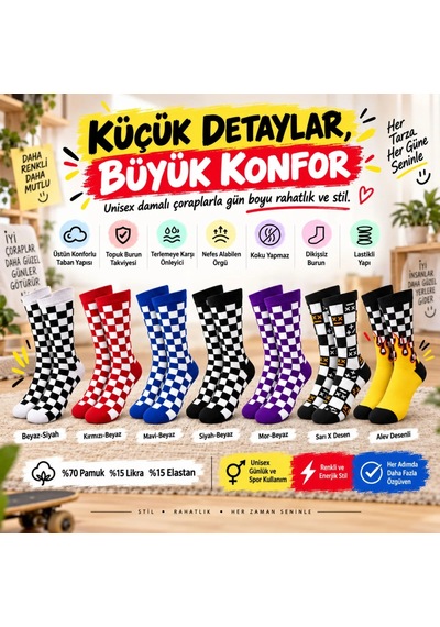 S'82 Unisex Çorap Dama Desenli Renkli 7'li Set Kareli Alev Desen Uzun Soket Günlük Spor Çorabı Çok Renkli