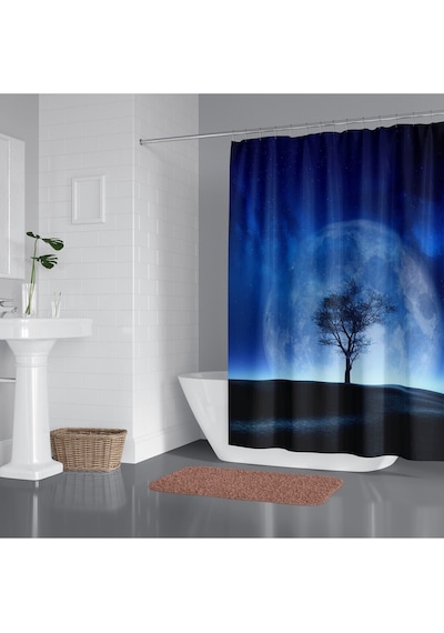 Banyo Duş Perdesi Ay Desen Manzaralı Dijital Baskılı Banyo Perdesi, Tek Kanat C Halkalı-180x200 Cm Koyu Mavi