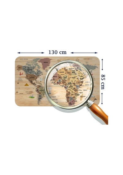 Ahşap Görünümlü Türkçe Eğitici Detaylı Atlası Dünya Haritası Duvar Sticker-85x130-3844 Çok Renkli